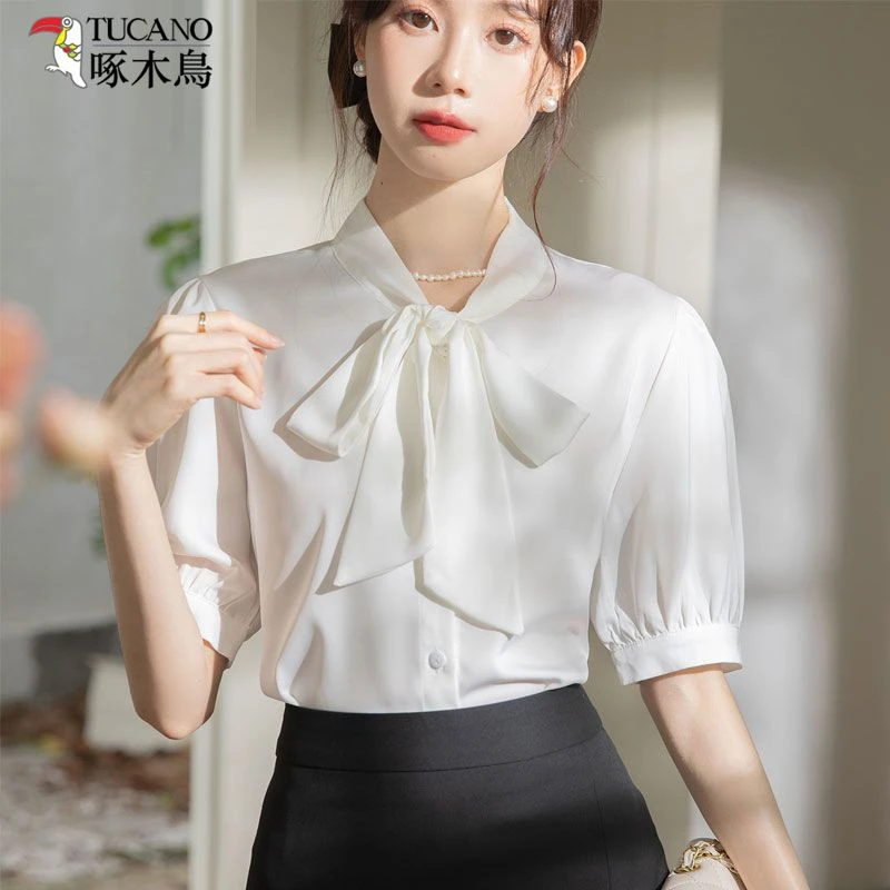 TUCANO/啄木鳥高级感蝴蝶结衬衫女夏季短袖职业面试系带通勤衬衣