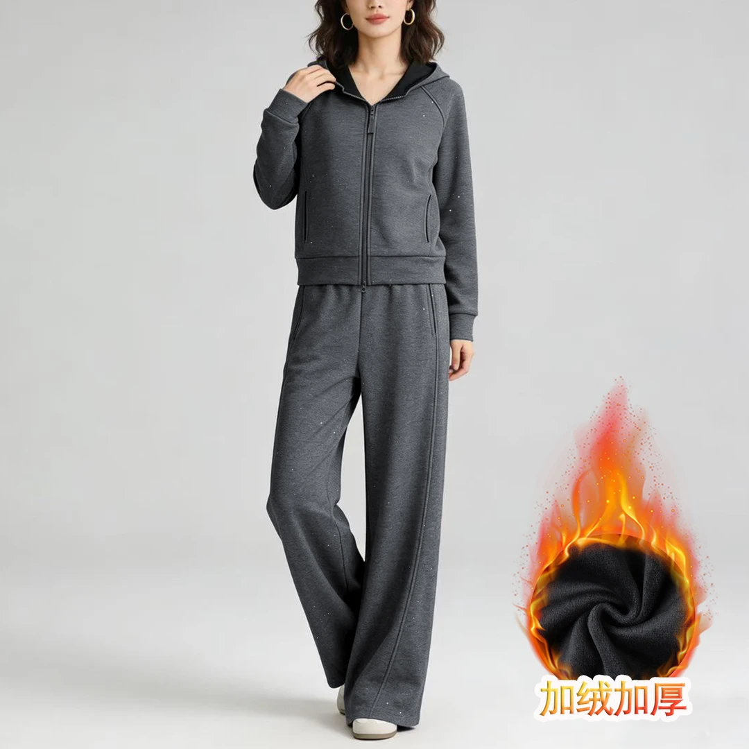 加绒加厚保暖时尚2025冬季新款休闲套装满印撒银连帽卫衣长裤套装