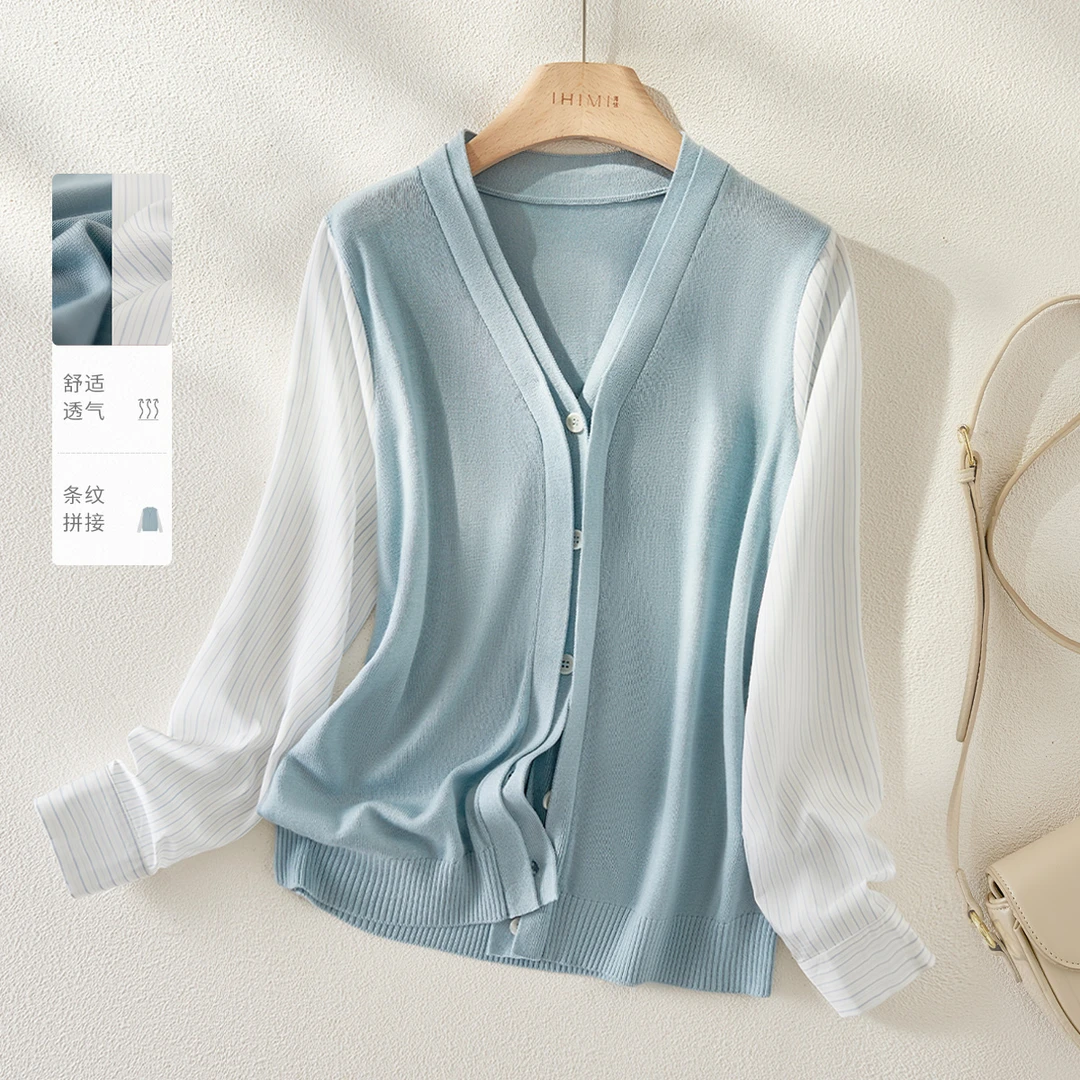 IHIMI/海谧智性假两件V领针织衫25秋季新款条纹叠门襟针织衫5552