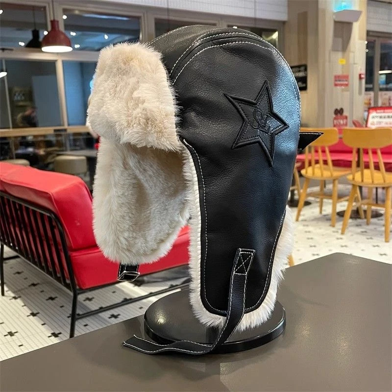 儿童帽子冬季加绒加厚皮质雷锋帽男童护耳防风大童骑行防寒保暖帽