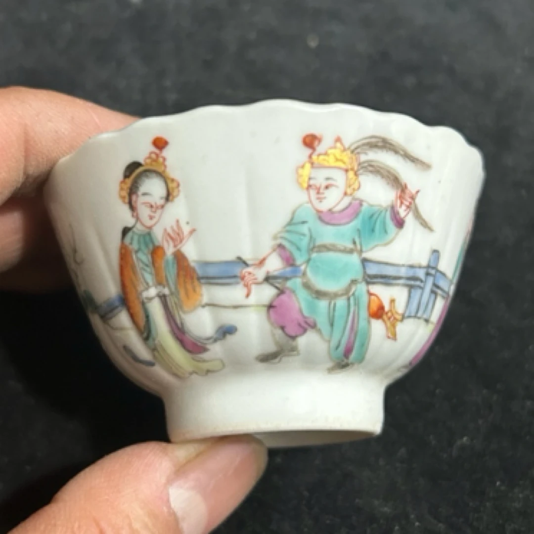 景德镇老瓷厂库存 粉彩人物故事纹瓜棱杯