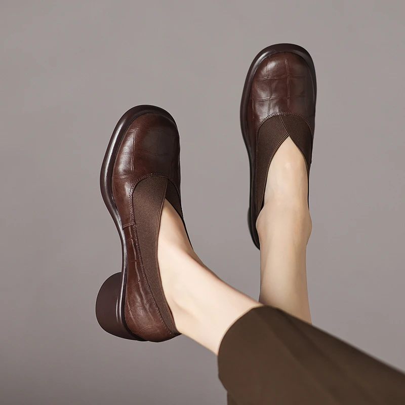 牛皮/5cm/春秋舒适中老年真皮软底粗跟厚底复古妈妈鞋圆头单鞋女