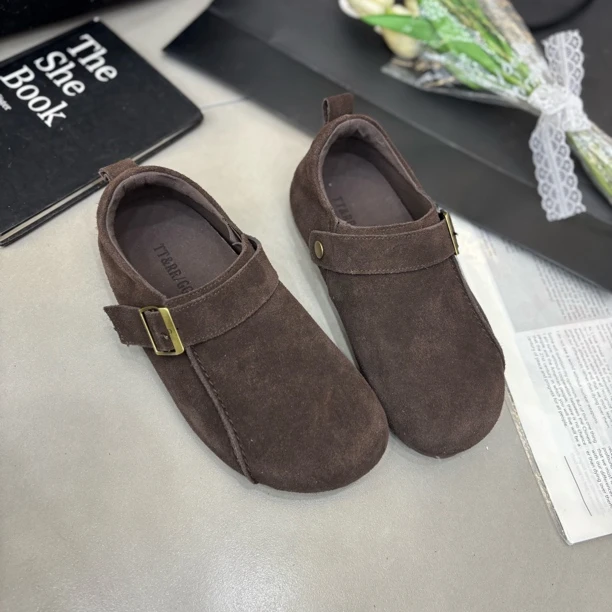 小雨家【韩版】真皮百搭软底全包外穿勃肯鞋圆头皮带扣平底女单鞋