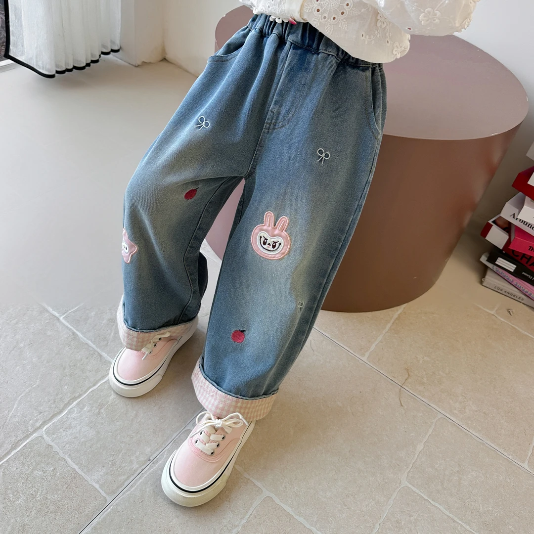 女童牛仔裤春秋款2025新款儿童网红拉布布阔腿裤时髦小女孩格子裤