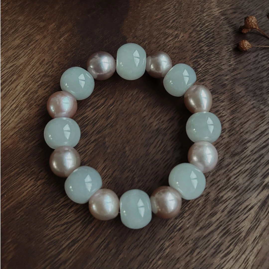 【流光】16mm和田白玉手串 12-13mm爱迪生珍珠