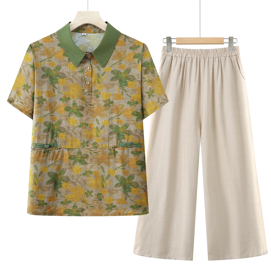 8909-妈妈装两件套上衣衬衫翻领碎宽松薄款短袖时尚套装【彤楠】