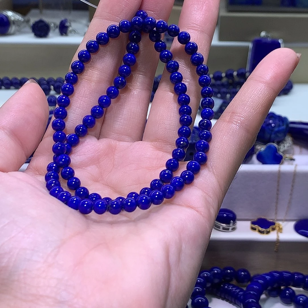 媛***满青金石未镶嵌天然原矿圆珠项链4m +