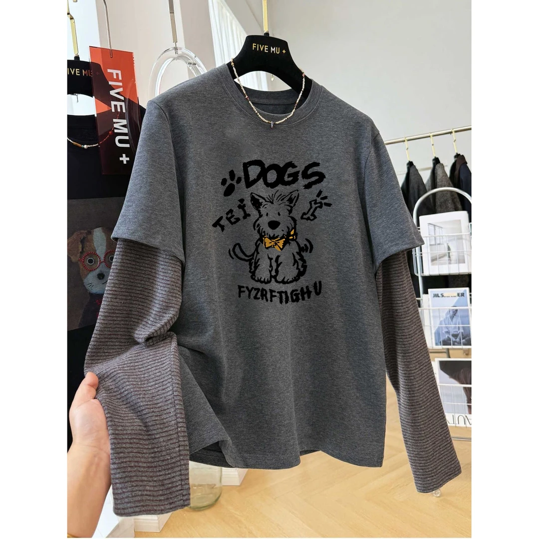 盼可欣240斤大码深灰色卡通小狗印花拼接假两件长袖T恤女秋季上衣