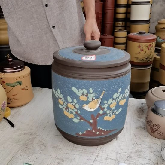紫砂茶叶罐正品九饼花鸟款41