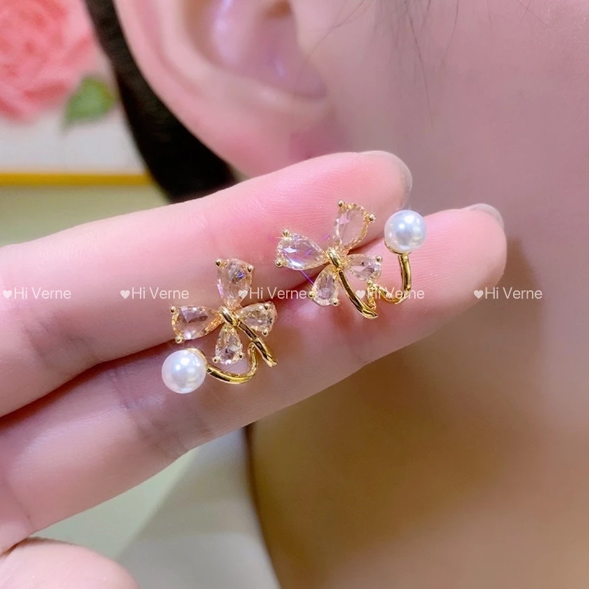 铜合金合成锆石耳饰 小巧甜美小众精致蝴蝶香槟色超仙轻奢风耳环