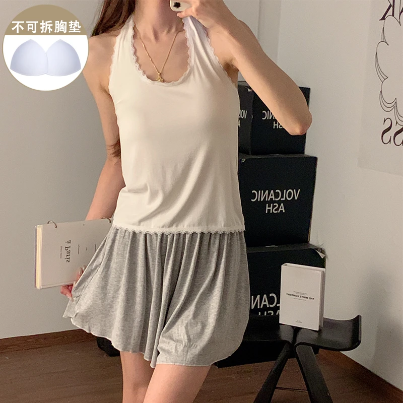 简约休闲睡衣女生新款夏季带胸垫性感吊带莫代尔棉裙裤短裤家居服