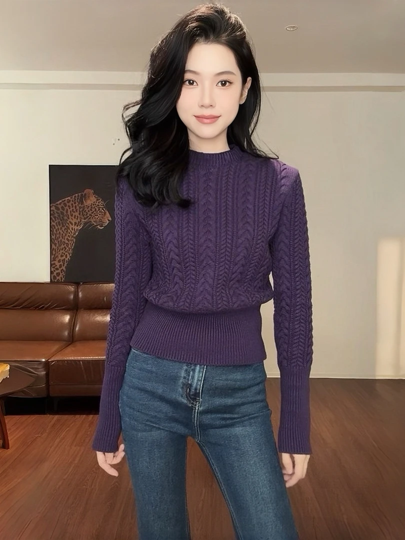 麻花圆领套头毛衣女秋冬内搭松弛感气质修身显瘦长袖打底上衣