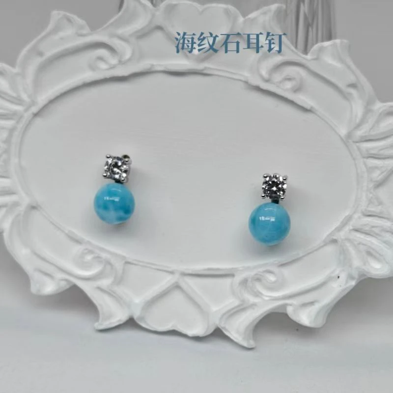 高端珠宝玉石多米尼加天然海纹石耳钉S925银养耳洞防过敏时尚百搭