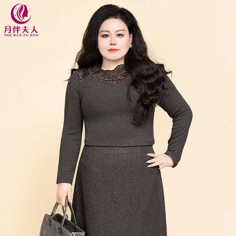月伴夫人2025春秋冬新款大码法式轻熟风蕾丝拼接针织打底上衣5305