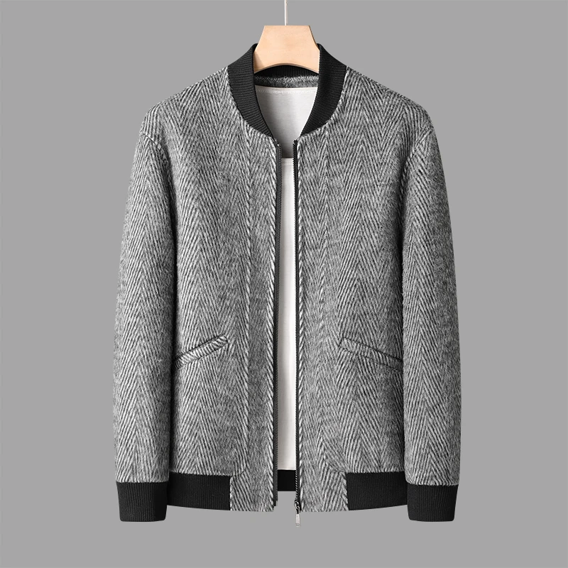 羊毛夹克大衣男士秋冬季短款双面呢人字纹棒球领羊绒呢子外套上衣