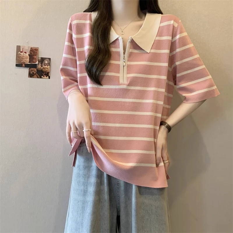 【大码】735粉色条纹短袖T恤女夏胖mm宽松遮肚显瘦半拉链上衣