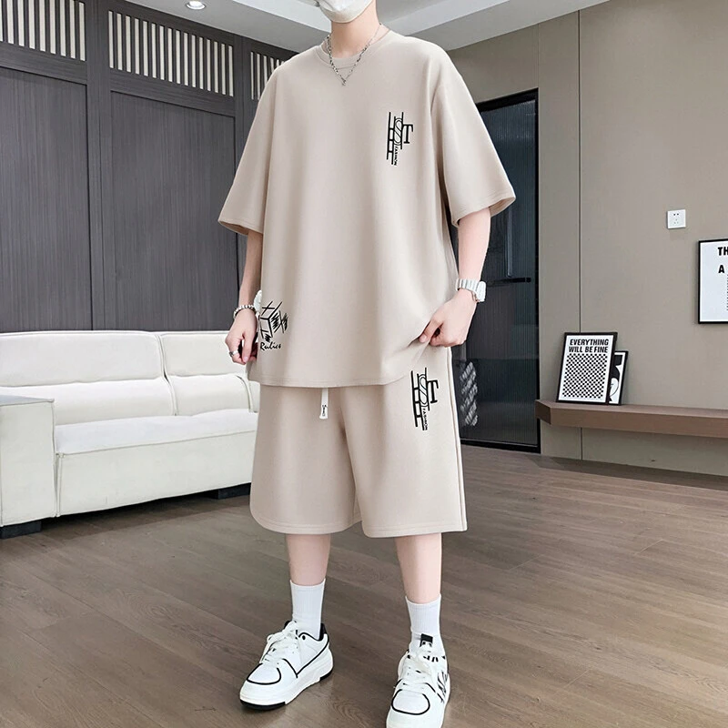 夏季国潮休闲套装男士冰丝国风短袖t恤运动中裤五分裤学生两件套