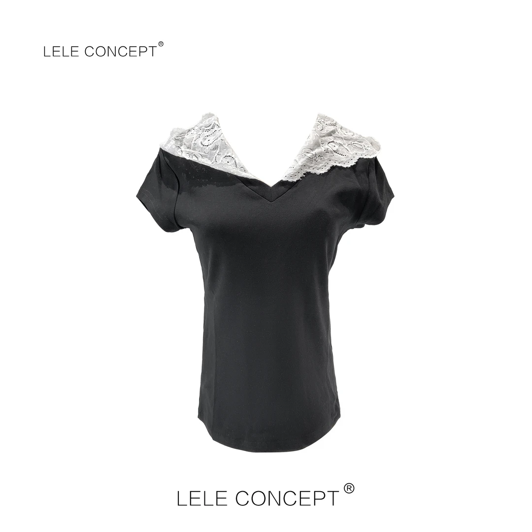 LELE CONCEPT 丨【精选推荐】拼接蕾丝连帽半袖T恤气质减龄TX055