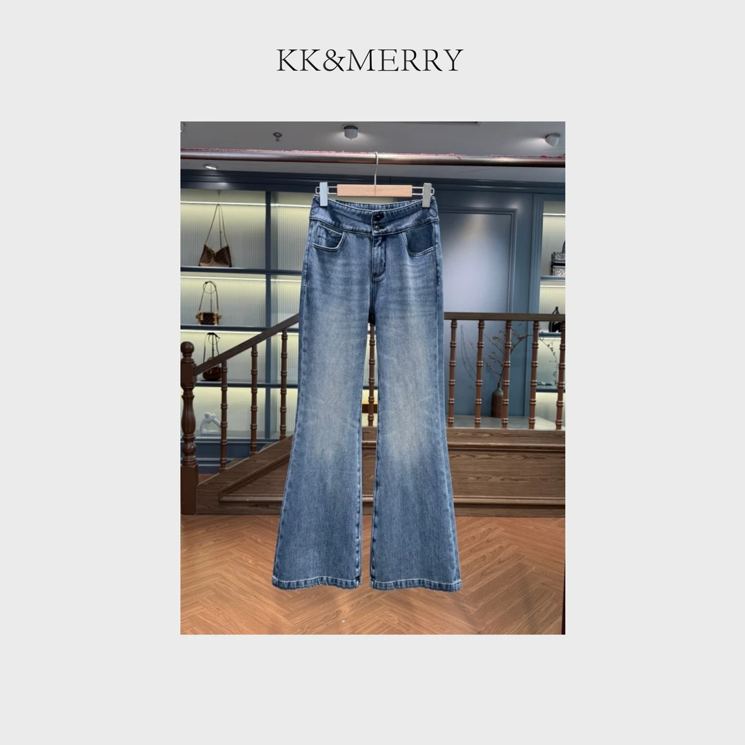 KK&MERRY时尚百搭修身显瘦高腰两粒扣直筒微喇牛仔裤KDBC0520