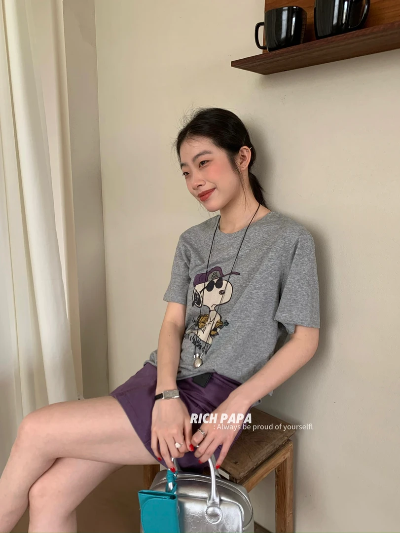 温柔瑶-PAPA#趣味卡通史努比印花短袖T#416