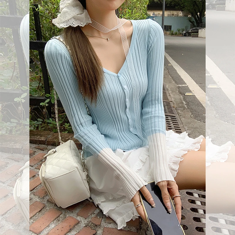 撞色长袖针织衫V领女2025新款修身设计感小众内搭打底衫针织开衫