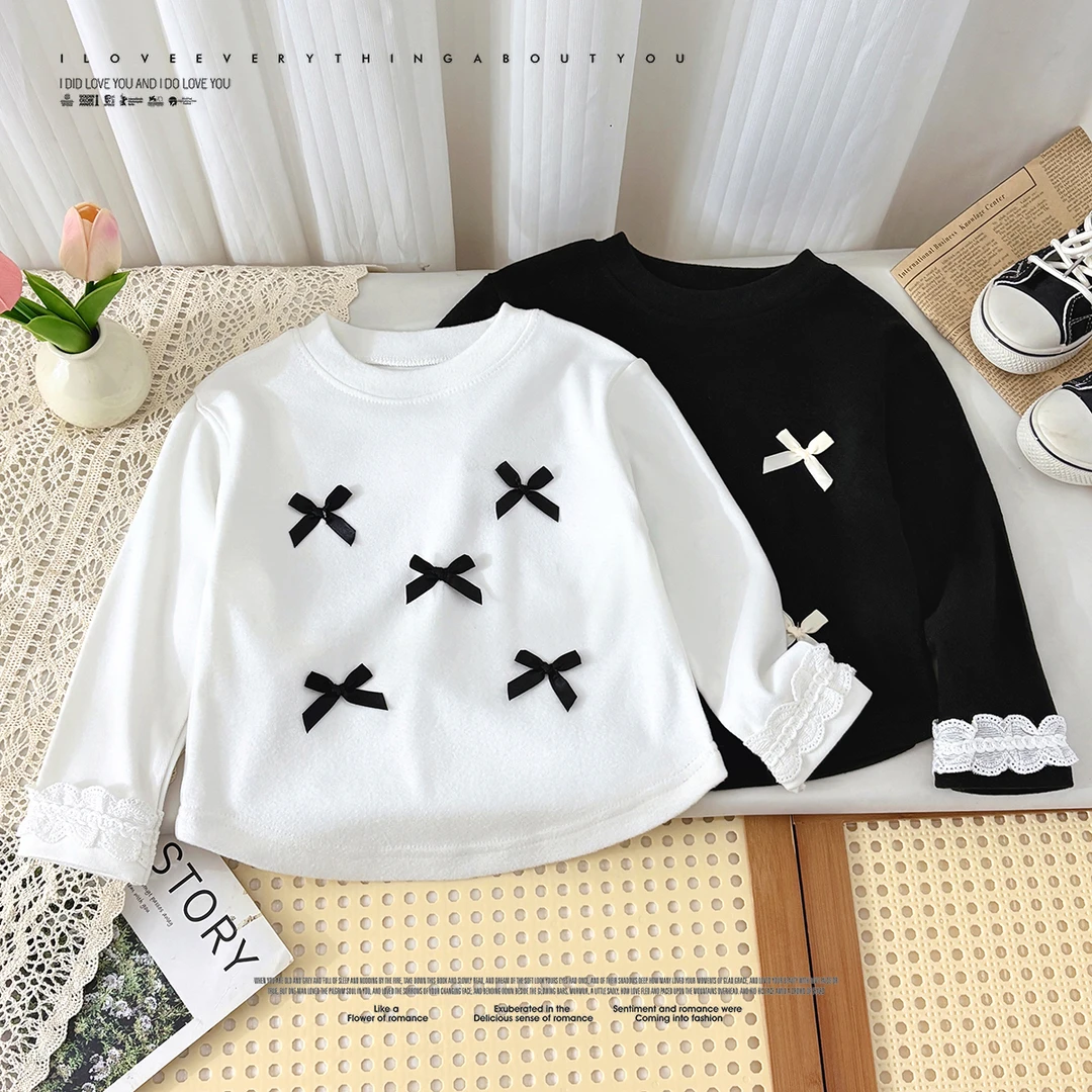 女童2025长袖花边新款春秋儿童洋气打底蝴蝶结花边袖宝宝T恤上衣