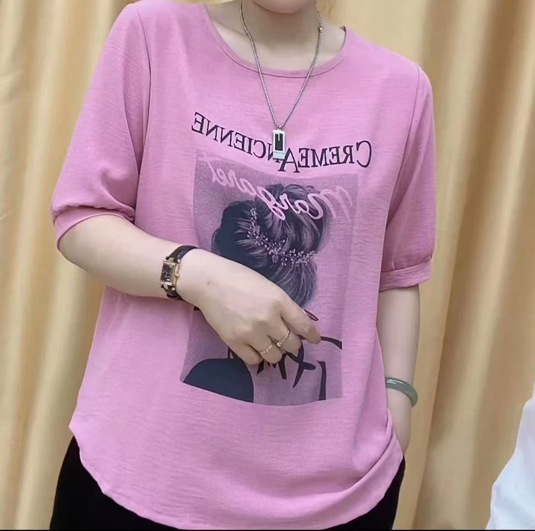 冰麻短袖t恤早秋圆领印花宽松女士小衫时尚显瘦休闲中袖小众上衣