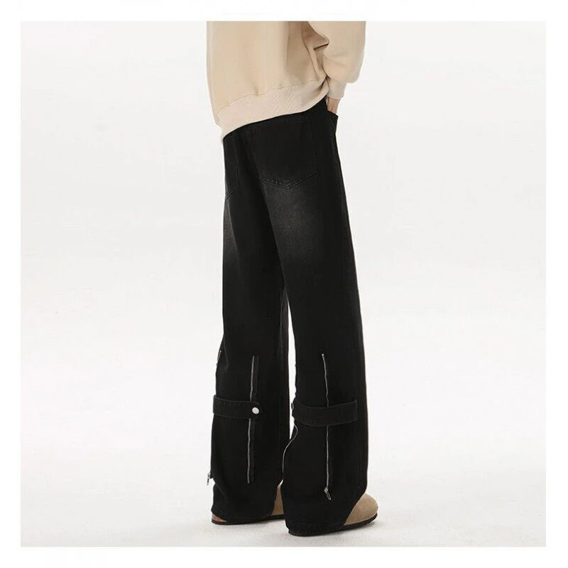 黑灰色微辣喇牛仔裤男痞帅高级感裤子美式高街加绒修身直筒工装裤