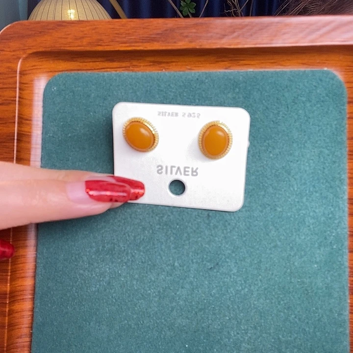 银S925镶嵌蜜蜡耳饰耳钉