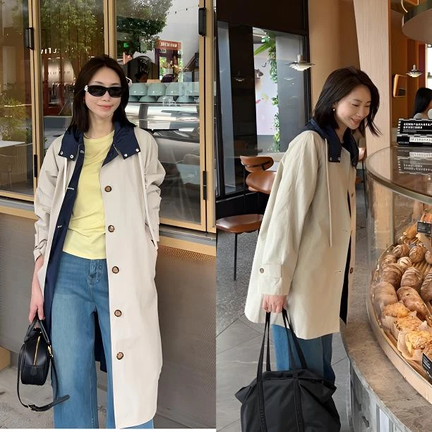 晓夏自制 “秀场风衣” 缪系双面穿撞色英伦风连帽抽绳宽松外套风衣