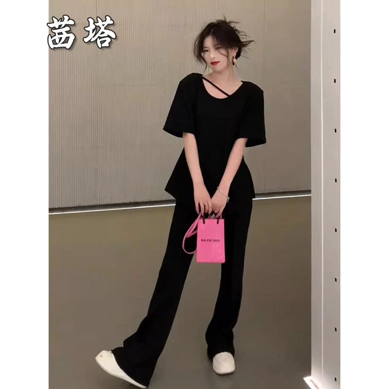 夏季女装2025新款茶系穿搭一整套微胖炸街减龄上衣阔腿裤两件套装