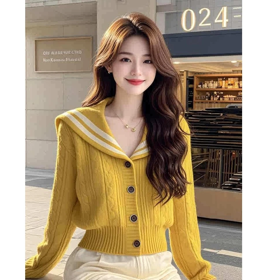2025秋季新款小香风毛衣女外穿洋气高端别致黄色海军领针织衫上衣