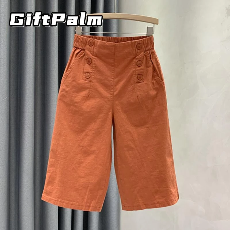 GiftPalm棉麻松紧腰七分裤亚麻直筒裤百搭阔腿夏大牌裤女薄款工装