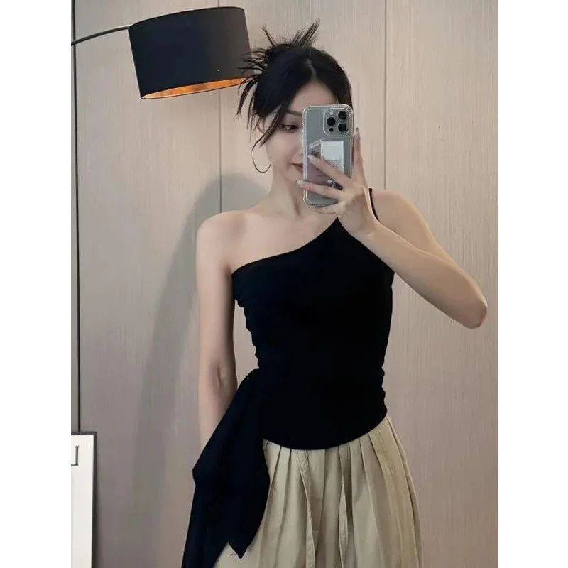 不规则侧边绑带收腰短背心女夏装小众辣妹斜肩外穿打底衫抹胸上衣