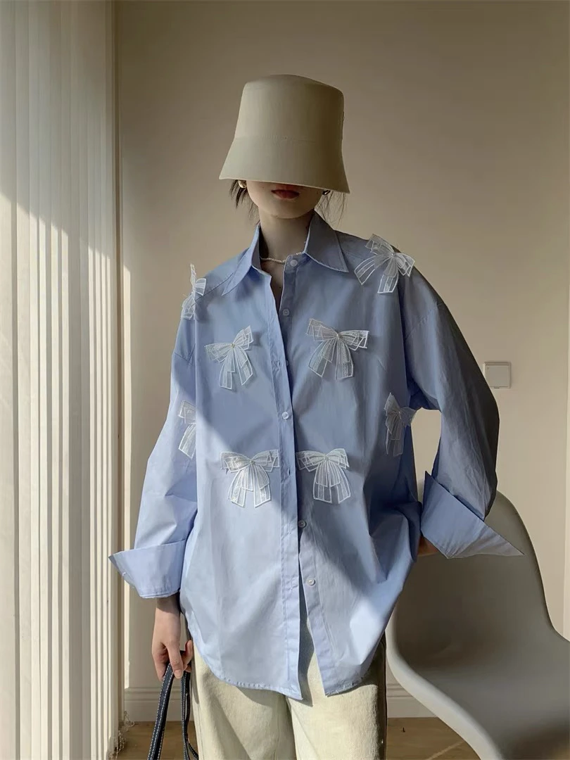 【红姐大码】5061立体蕾丝蝴蝶结宽松翻领衬衫长袖衬衣上衣百搭