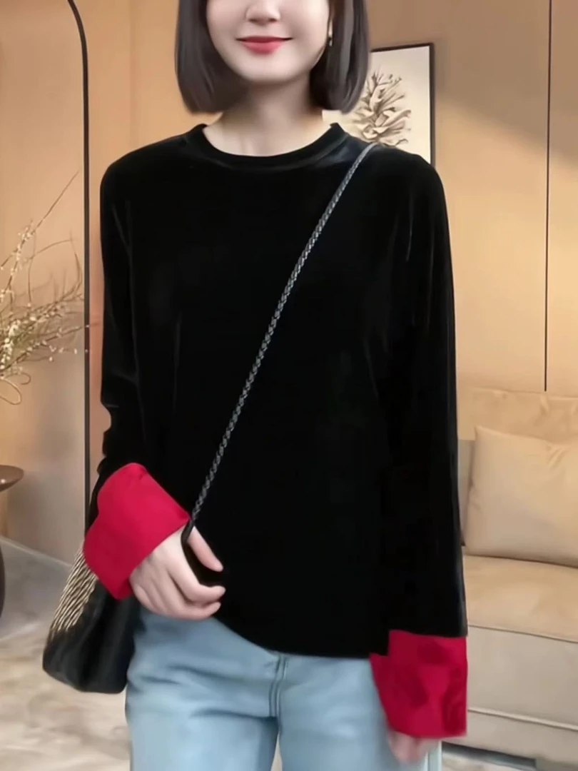 恒鑫安拼接袖金丝绒国风小衫