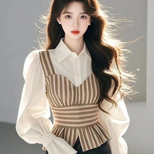 高级感条纹拼接衬衫女春季洋气内搭叠穿衬衣别致假两件收腰上衣潮