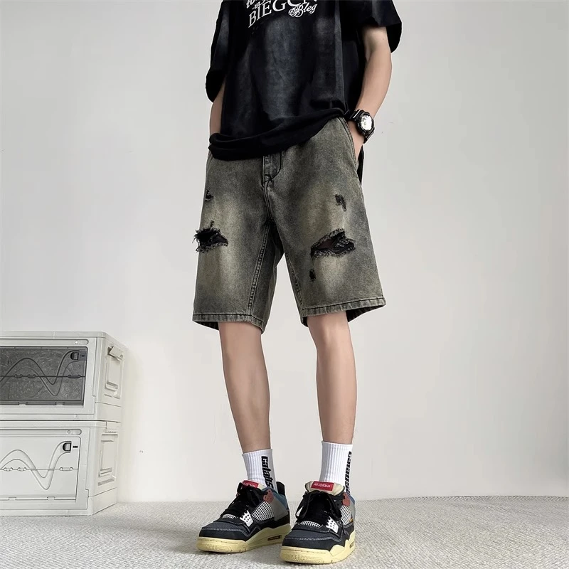 2025夏季破洞牛仔短裤男美式高街宽松休闲水洗做旧直筒阔腿五分裤
