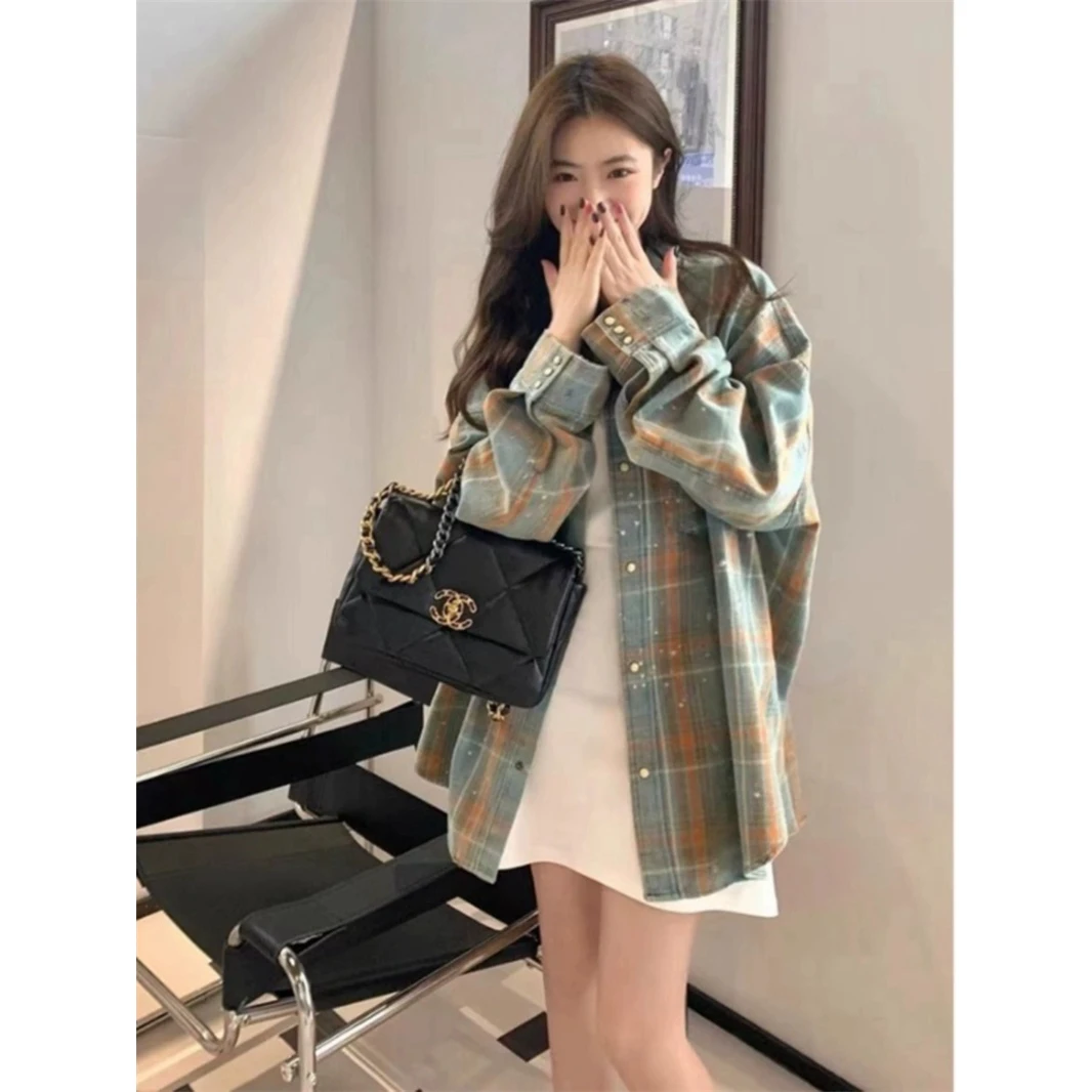 美式复古纯棉衬衫外套女oversize春秋泼墨翻领水洗重工格子宽松