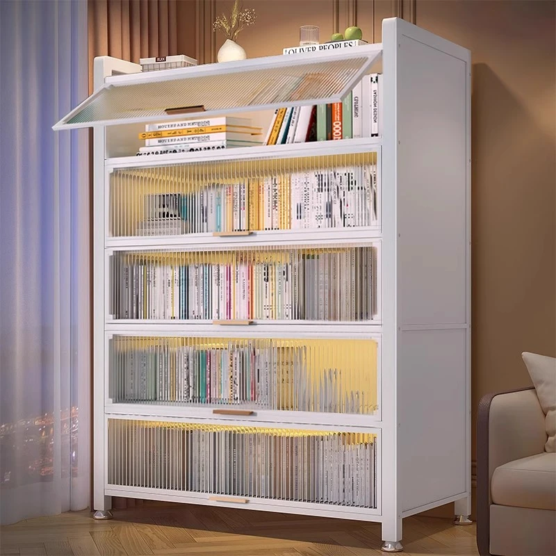家用钢制书柜多层落地儿童书架带门防尘卧室收纳柜客厅翻门储物柜