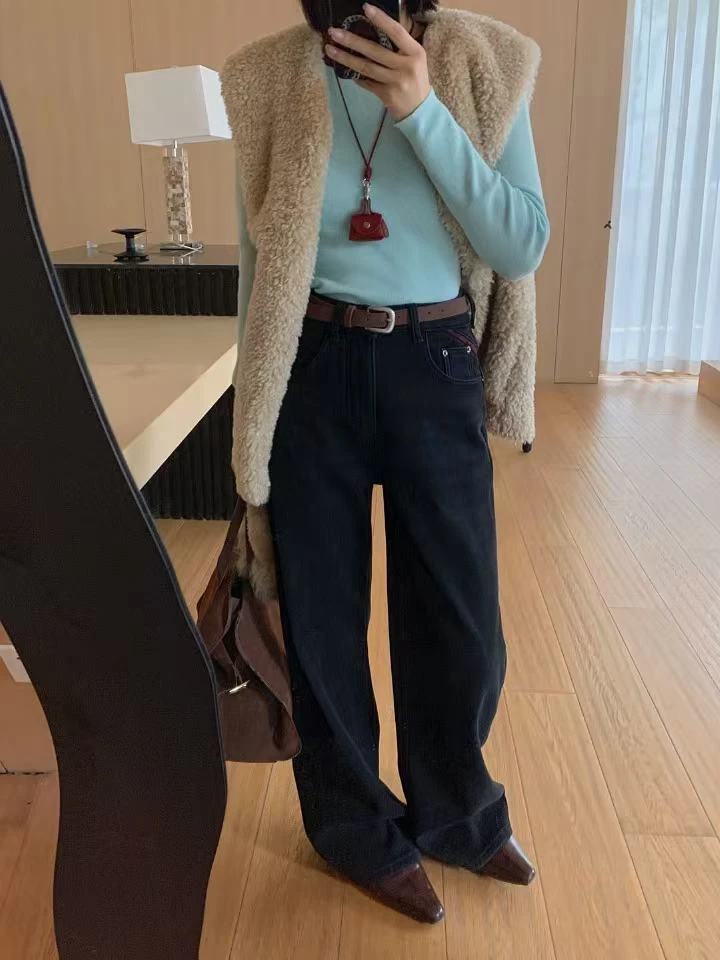 【9023-1】CLY零壹 黑灰复合绒弹力直筒窄窄裤