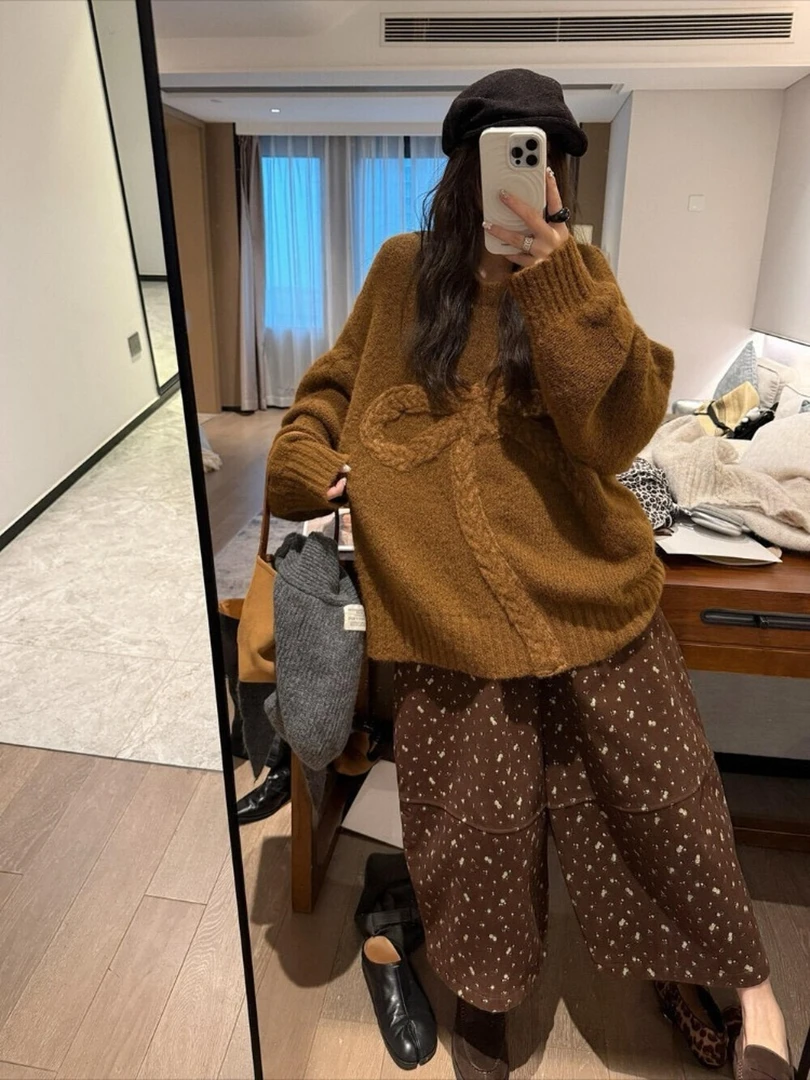 2025年新款秋冬美拉德慵懒风宽松蝴蝶结提花毛衣印花阔腿裤套装女