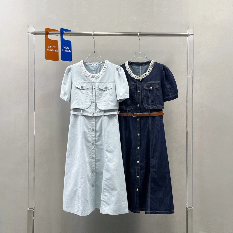 麦v诗尚正品中长款修身牛仔短袖连衣裙夏季新款收腰长裙子女95177