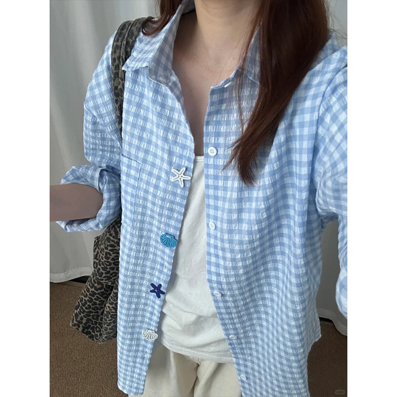 蓝色泡泡纱格子衬衫男女秋季设计感长袖衬衣cleanfit情侣防晒外套