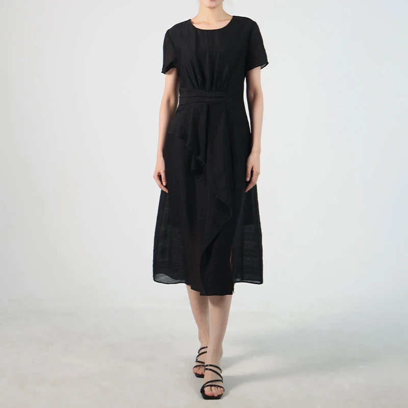 素芭通勤穿搭荷叶边黑色连衣裙女士时尚夏装百搭通勤连衣裙SF0637