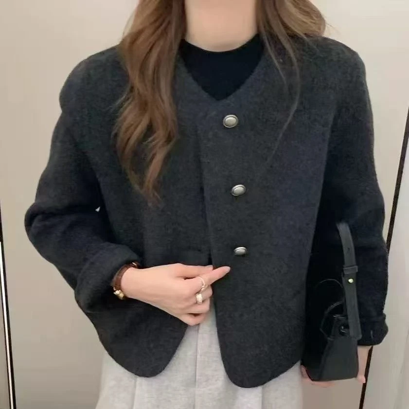 商场女装正品2025年秋冬新款小香风双面羊绒圆领羊毛呢外套