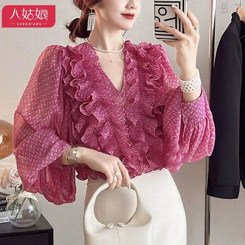 气质上衣蕾丝网纱漂亮短袖BZ2025设计感小众玫红色木耳边雪纺女士