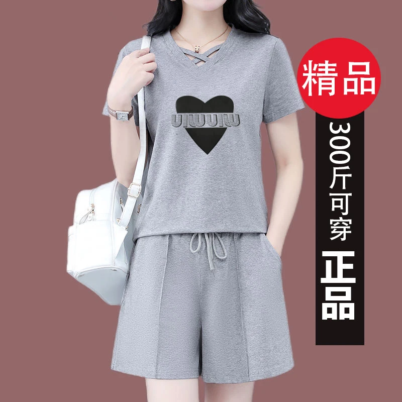 运动套装女夏季薄款短袖短裤时尚洋气大码跑步中年妈妈休闲两件套