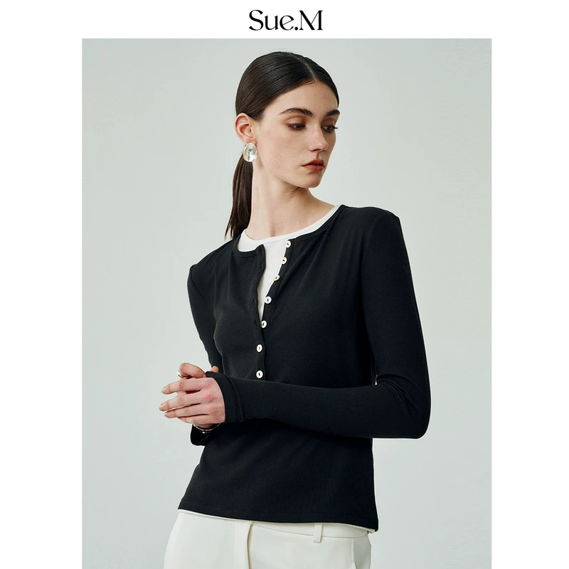 Sue.m螺纹亨利领女长袖撞色假两件叠穿t恤内搭上衣拼接时尚气质