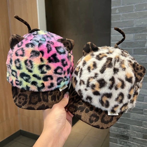 【炫彩童话】宝宝帽子2025新款韩版豹纹短檐棒球帽秋冬保暖鸭舌帽潮